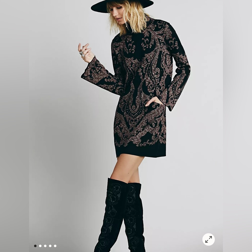 Free People Sweater Dress Small Mock Neck Mini Pockets Paisley Modern Love